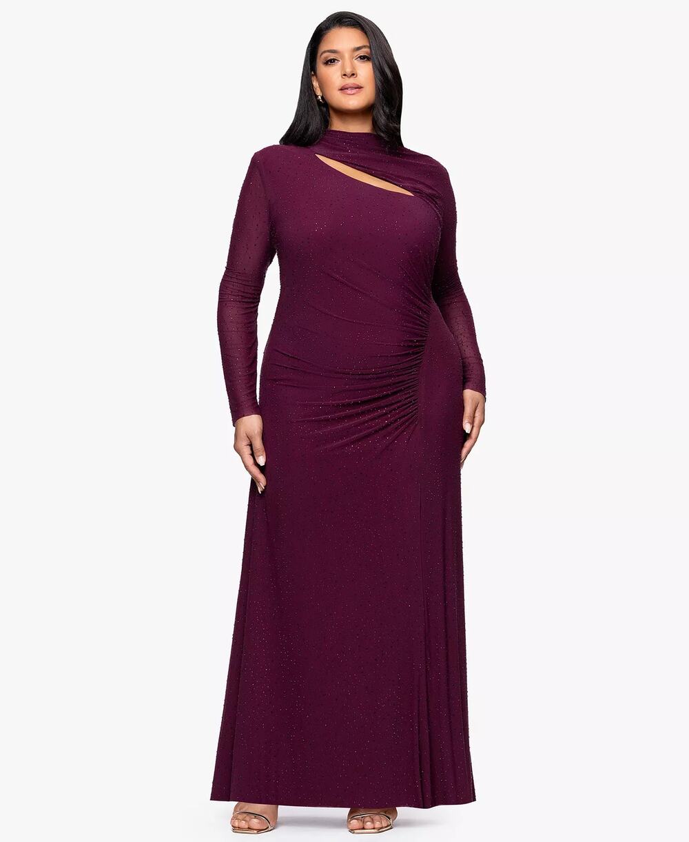 Betsy & Adam Long-Sleeve Asymmetrical Neck Gown Maroon Size 12